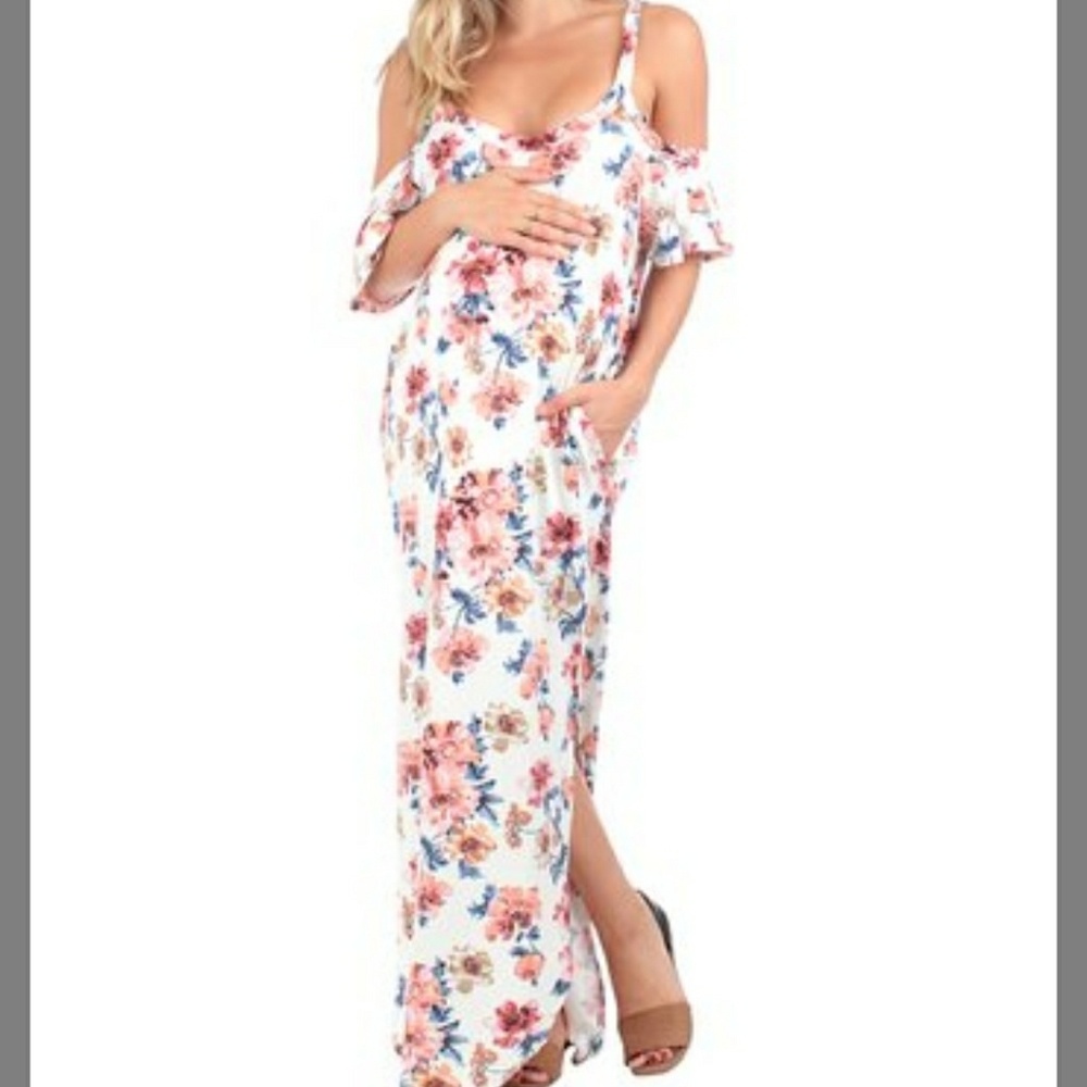 Mother bee Cold Shoulder Maternity Maxi Dress